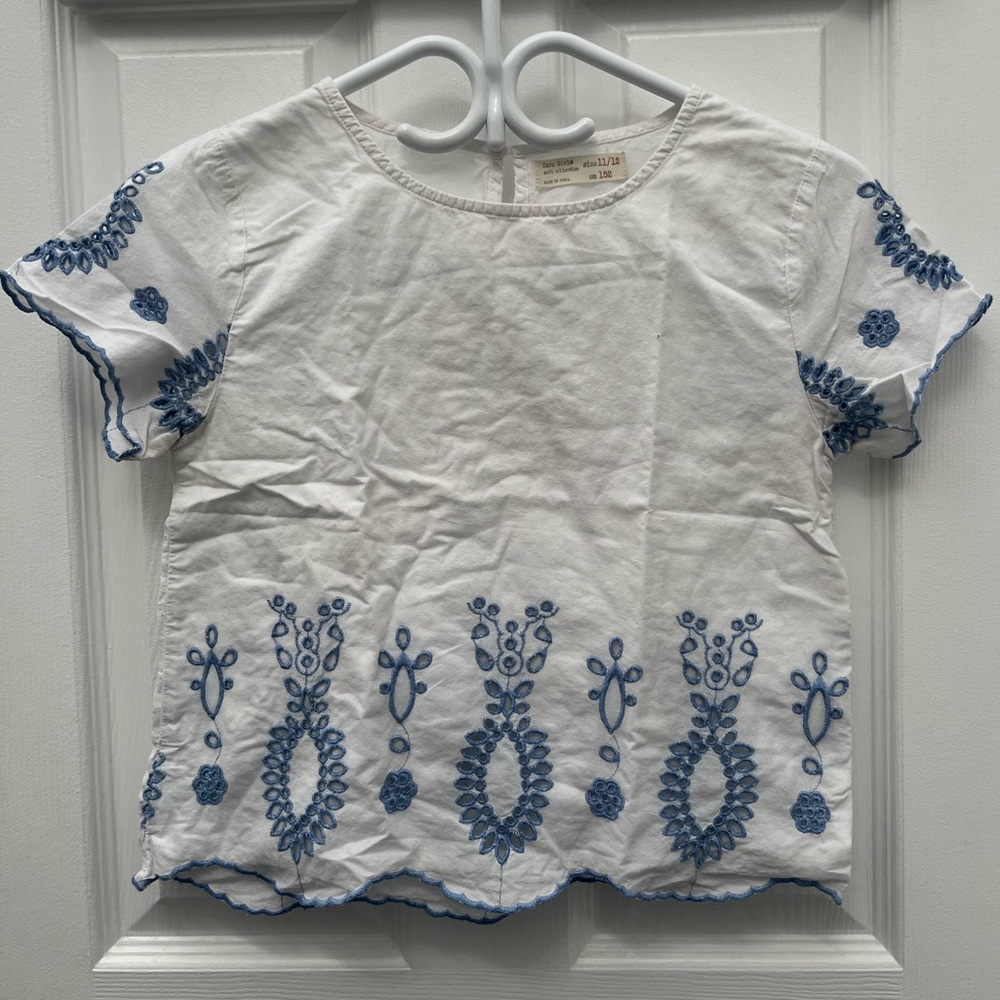 Zara White and Blue Embroidered Kids Top